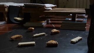 licking crushed food (fullbody view)