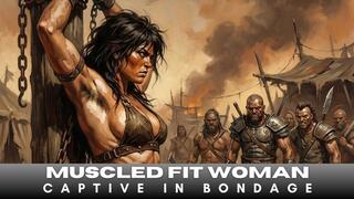 Muscled warrior woman with hot body and hairy armpits is strung up by her wrists on a pole in tight BDSM bondage fantasy