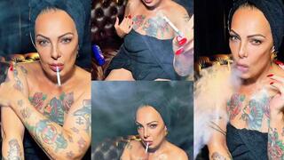 Beautiful stepmother smoking and applying body lotion after a shower - No makeup - Dunhill Menthol 100