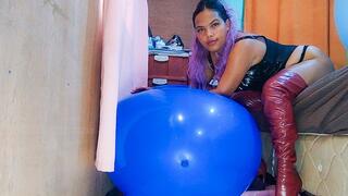 Sexy Juju Rides To Pop Huge Balloons Dress In Lingerie And High Heel Boots