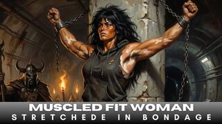 Hot muscled body builder woman with hairy armpits is chained and stretched in a dark dungeon in BDSM bondage
