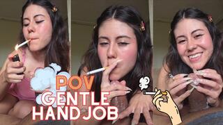 (Vertical video pov) Beautiful long nails GODDESS making a gentle smoke and sloppy handjob