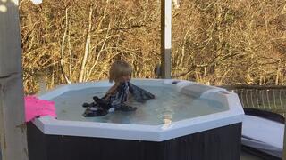 Winter inflatable fun in the hot tub!