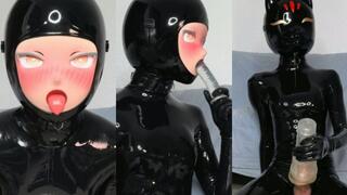 Gagged in latex kig fox mask and fleshlight masturbation