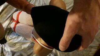 Bound and blindfolded MILF sucks cock POV