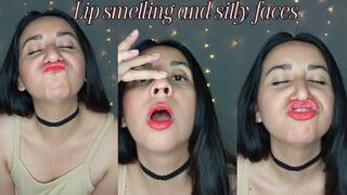 Lip smelling, red lipstick marks and funny faces