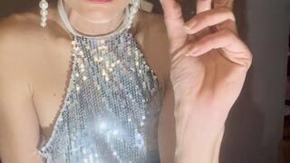 Intense Miranda Glamour Cigar Smoking in Sparkling Silver Dress - Deep Inhales & Sexy Tease