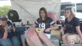 Tailgate Party Tail Beating! Spanked hard on game day by Miss Katherine as step daughter & her friend Claire helps and watches on! (720p)