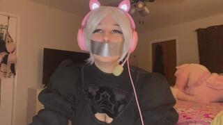 Goth girl in tape gag 2-B cosplay plays horror game