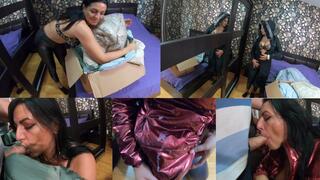 Red Shiny Downjacket Fetish – Leather Pants, Blowjob & Cum Explosion