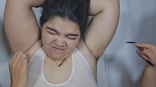 My friends play with my sweaty, hairy armpit