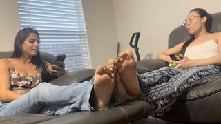 Cute College Girls Misty Addams & Natasha Ty Play Barefoot Footsies on Couch | Jeans Feet | Asian Soles