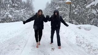 Two girl walking on snow in flip flops, high heels on snow, snow walk in flip flops, feet in snow