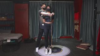 Sexy yoga pants girl in bondage