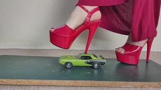 Giantess Lily Kink First toy car crush of a Plymouth Barracuda in big red high heels Close ground view