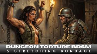 Muscular hairy armpit female soldier is captured and subjected to BDSM bondage interrogation in a dungeon
