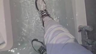 Primey's Wetlook session with White Jeans, White Jadon and Black Jadon High Doc Martens