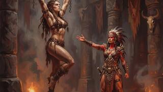 Barbarian fit warrior woman strung up by her wrists in dungeon bondage