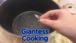 Giantess Stepsister cooks and fries tiny stepbrother for misbehaving and eats him but he's too chewy