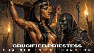 Crucified sexy Ancient Egyptian priestess with hairy armpits struggles to free herself in BDSM bondage dungeon