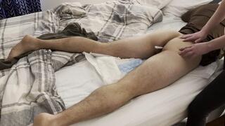 Step mommy spanks and plugs diaper boy for faking sick