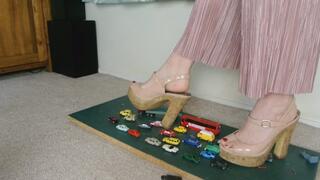 Giantess Lily Kink toy car crush of many tiny cars in big chunky heels right low view