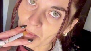 Seductive Indoor Smoke Session - Tattooed Redhead Exhales Thick Clouds
