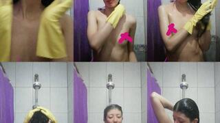 Clean Fetish Morning Shower with Rubber Gloves and Long Hair
