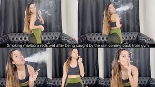 Smoking marlboro reds wet after being caught by the rain coming back from gym
