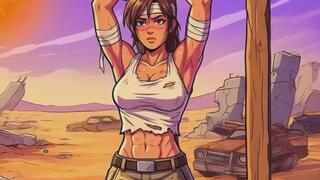 Captured Anime Ninja fighter babe tied to a wooden scaffold in BDSM Bondage animated fantasy