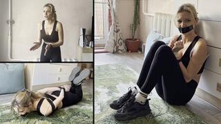 The annoying trainer is bound and tape gagged