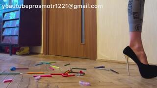 Nastya walks around in high heels, trampling, destroying office supplies, stepping on correction fluid, erasers, pencil sharpeners, markers, and pencils. crush fetish foot fetish high heels legs