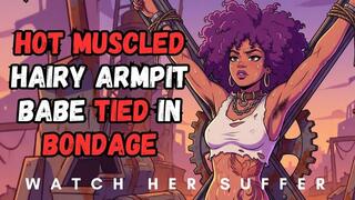 Animated cute ebony afro hairy armpit babe so sexy she needs to be punished tied to a x frame in BDSM bondage fantasy struggle
