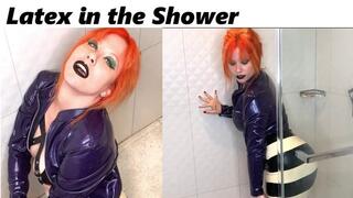 *1280x480* Latex in the shower Metallic Purple Coat and Striped black and white Mini Skirt MP4