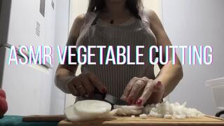 ASMR cutting onion and bell pepper on a wooden board
