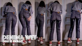 My longest wetting ever in my new Levis jeans and Nike sneakers. Door is locked!