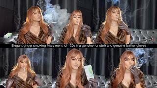 Elegant ginger smoking Misty menthol 120s in a genuine fur stole and genuine leather gloves