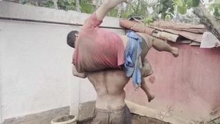 Dirty fight on mug with bodybuilder