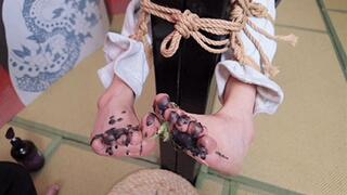 xr37-The girl tied to the stool had her feet tickled.