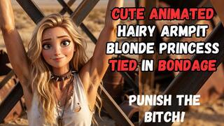 super cute sun kissed blonde animated hairy armpit princess so sexy she needs to be punished tied to a x frame in BDSM bondage fantasy struggle
