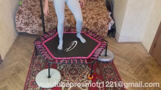 Nastya is jumping on a trampoline, with pillows and balls under her feet. jumping legs foot fetish crush fetish