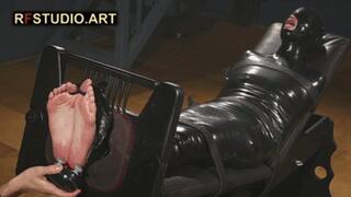 Brittany in Tight PVC Mummification Part 3 - Foot Tickling in Stocks (UHD 4K MP4)