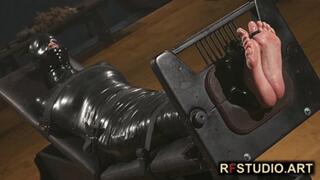 Brittany in Tight PVC Mummification Part 3 - Foot Tickling in Stocks (FULL HD MP4)