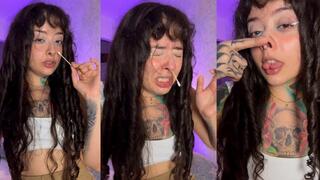 Cute girl with a split tongue sneezes for you