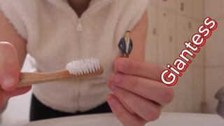 Giantess Stepsister brushes Tiny stepbrother's teeth and after she brushes them Giantess stepsister also brushes her teeth but instead of a toothbrush she uses tiny stepbrother as a toothbrush