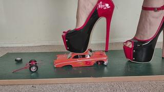 Giantess Lily Kink toy car crush of a 1956 Chevy Bel Air in big mega heels Close ground view