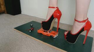 Giantess Lily Kink toy car crush of a 1956 Chevy Bel Air in big mega heels Right Low view