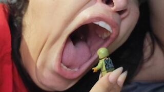 Yawn and morning breath on the little soldier's face.