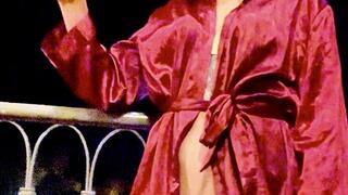 Midnight Balcony Seduction - Bordó Silk Robe Smoking & Disco Background