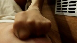 Breast under my pantyhosed feet